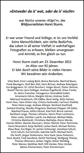 Diese Anzeige erschien im Januar in den Zeitungen Berliner Zeitung , Unsere Zeit , Junge Welt und Neues Deutschland . Horst Sturm Anzeige 2016-11-14 um 17.42.23.jpg